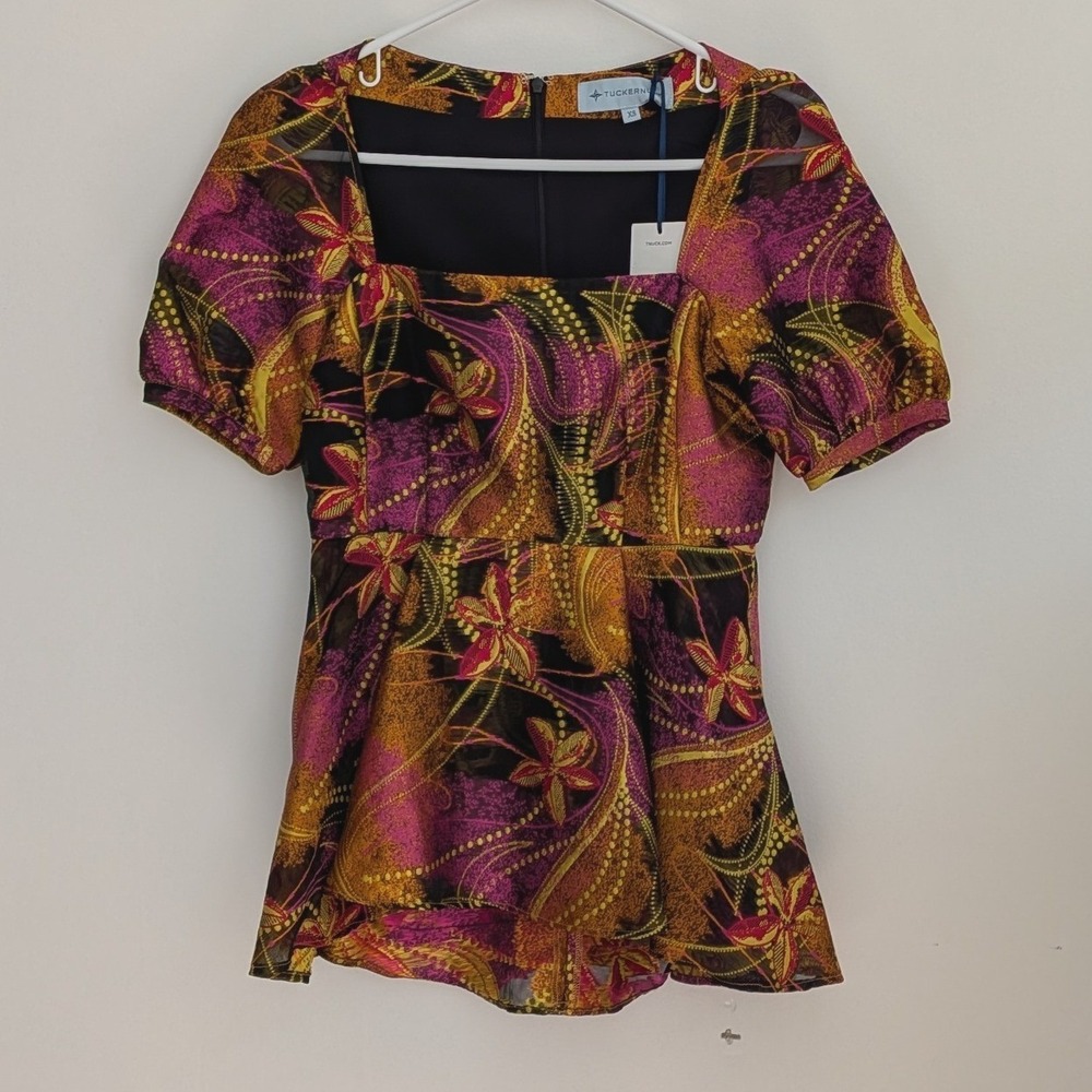 NWT Tuckernuck Womens XS Floral Paisley Peplum Blouse Puff Sleeve Square Neck